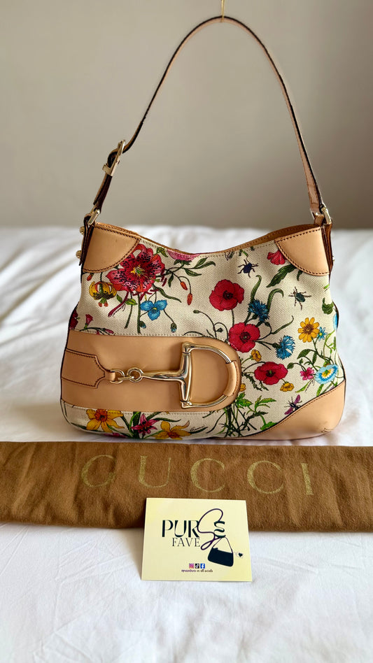 Authentic Vintage GUCCI Hasler Horsebit Flora Canvas Hobo Shoulder Bag