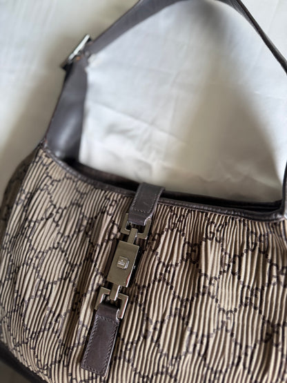 Authentic GUCCI Jackie Vintage Monogram Khaki x Dark Brown Satin Ruched / Pleated Hobo Shoulder Bag (Rare/Limited)