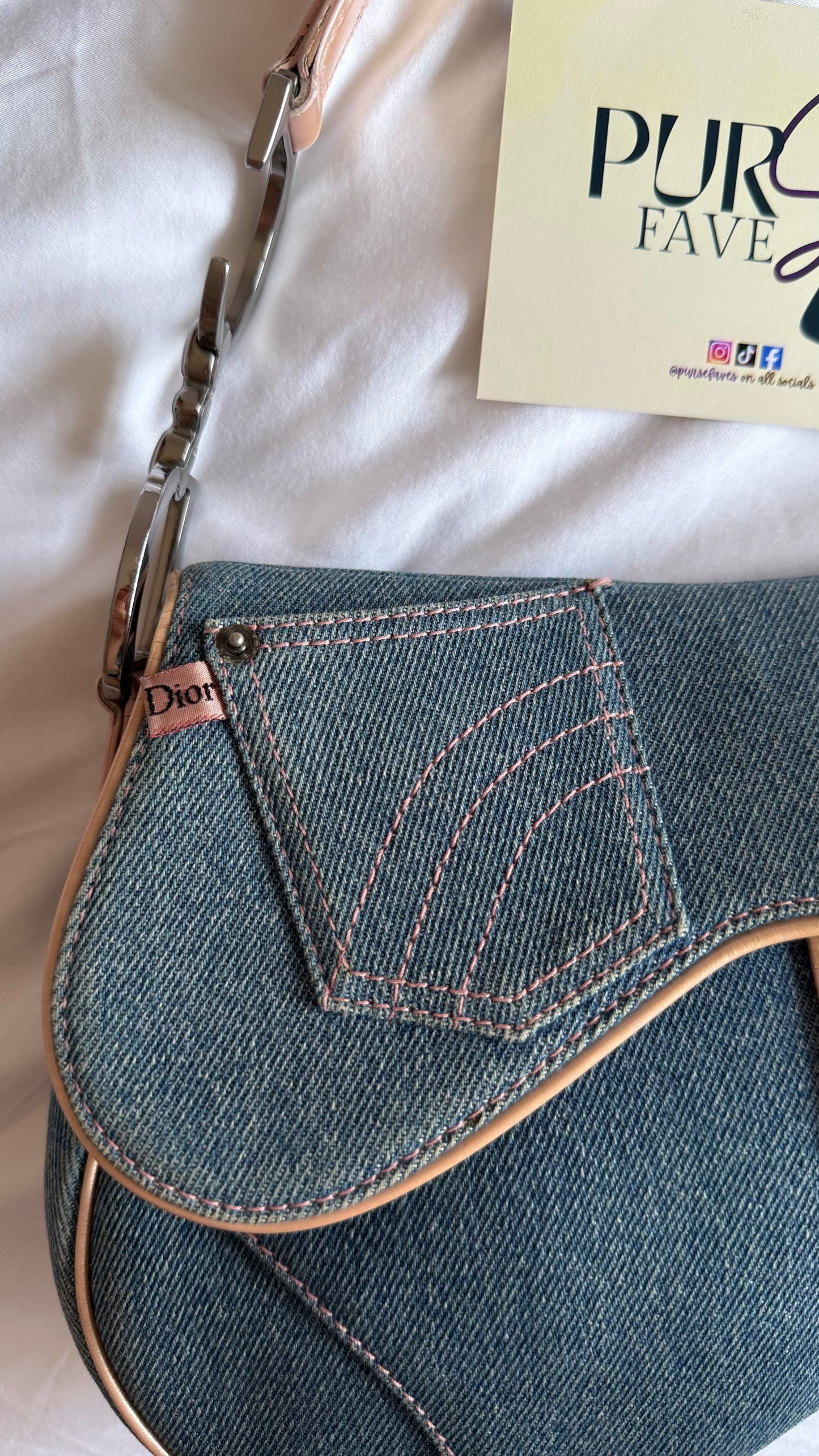Authentic Vintage Christian Dior Light Blue Denim with Pocket Saddle Shoulder Bag