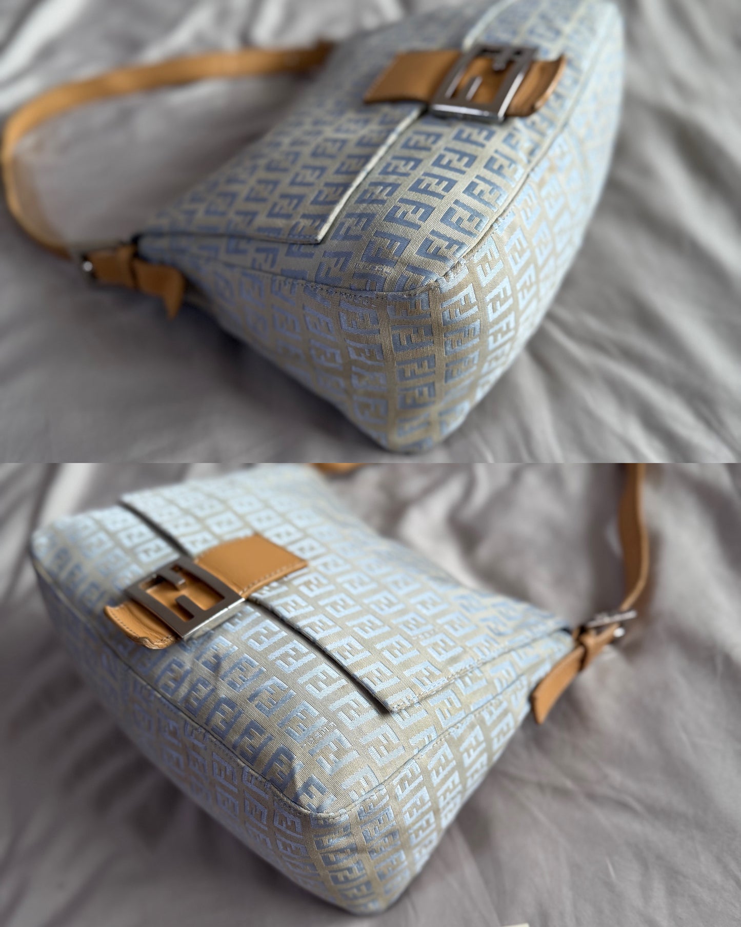 Authentic Vintage Fendi Light Blue Zucchino Canvas Mamma Baguette Shoulder Bag