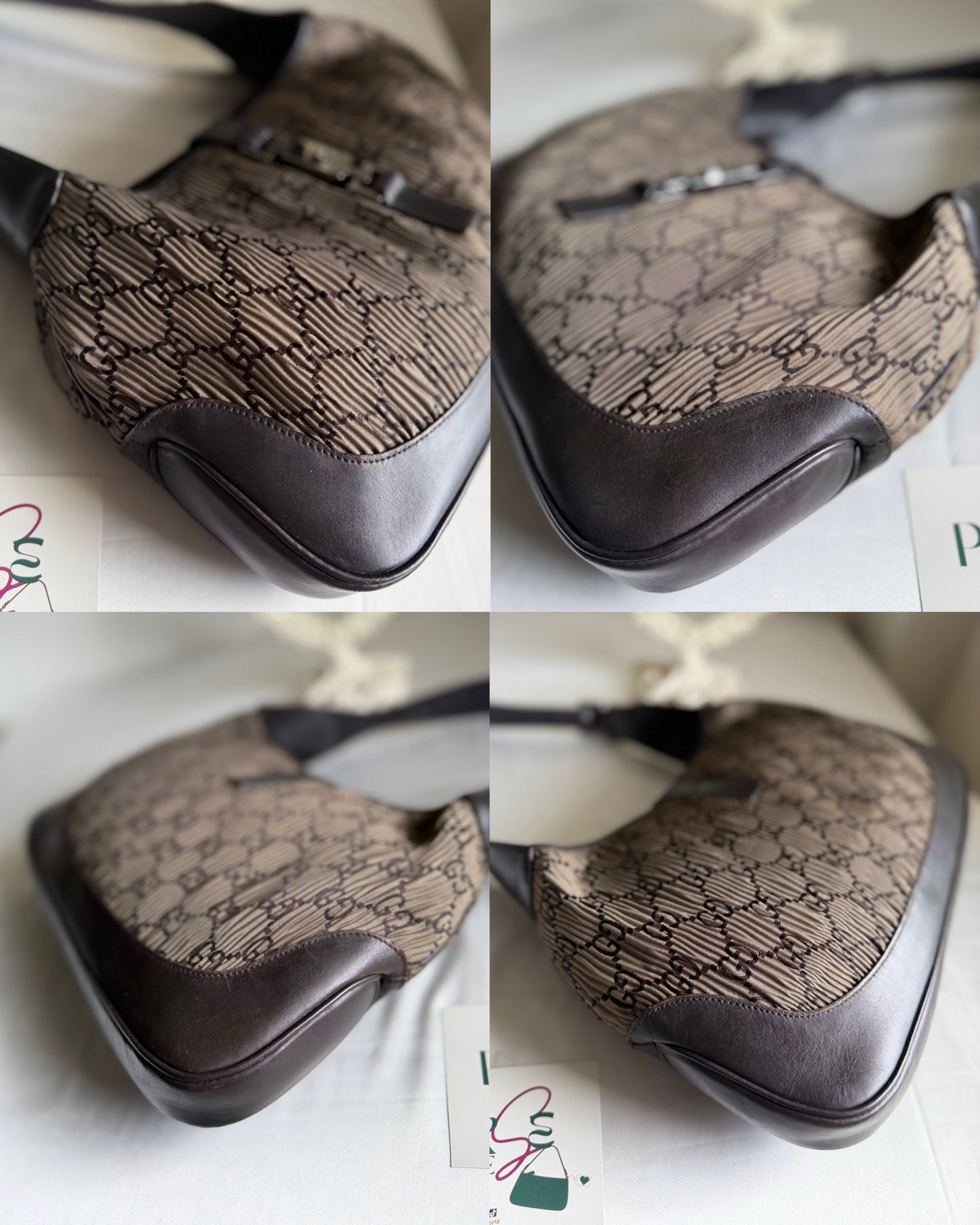 Authentic GUCCI Jackie Vintage Monogram Khaki x Dark Brown Satin Ruched / Pleated Hobo Shoulder Bag (Rare/Limited)