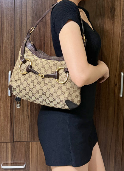Authentic GUCCI Horsebit GG Canvas Brown Hobo Shoulder Bag