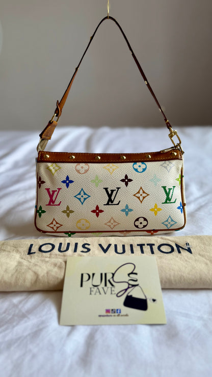 Authentic LOUIS VUITTON × TAKASHI MURAKAMI White Multicolor Pochette Shoulder Bag
