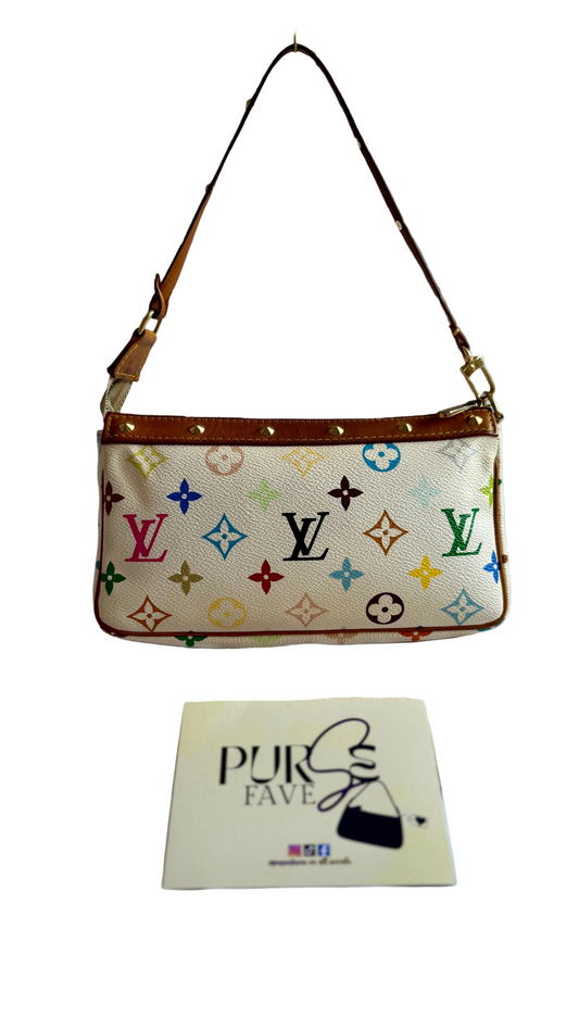 Authentic LOUIS VUITTON × TAKASHI MURAKAMI White Multicolor Pochette Shoulder Bag
