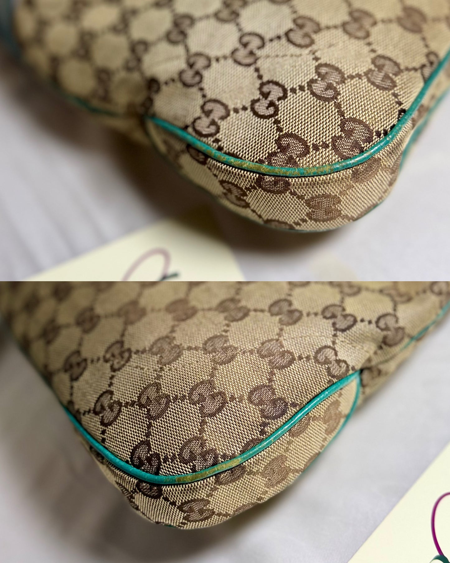 Authentic GUCCI Jackie 1961 Medium Beige GG Canvas x Teal Leather Trims Hobo Shoulder Bag