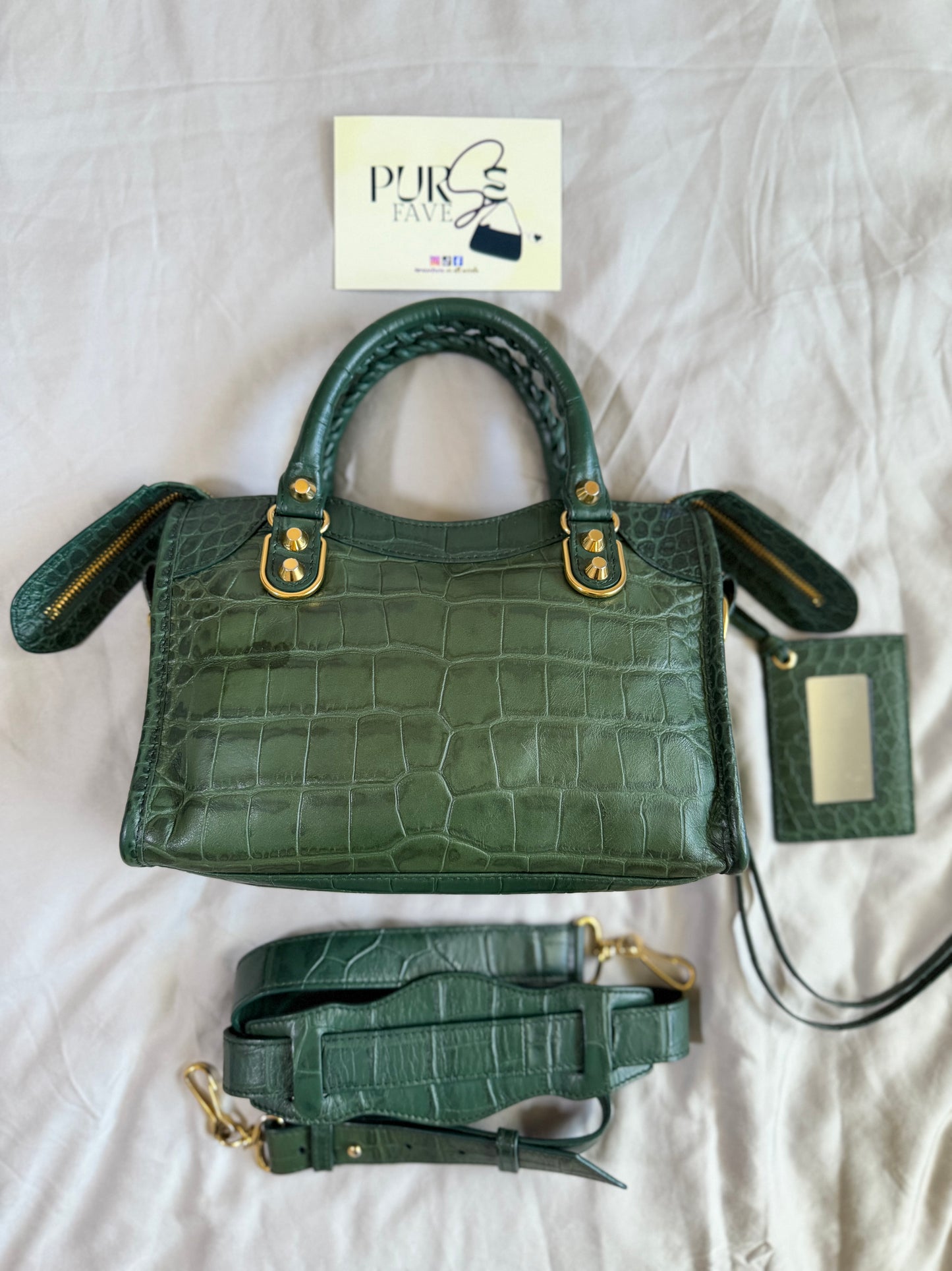 Authentic BALENCIAGA Green Croc-Embossed Leather Mini Classic Metallic Edge City Bag