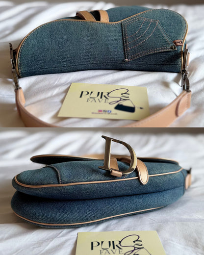 Authentic Vintage Christian Dior Light Blue Denim with Pocket Saddle Shoulder Bag