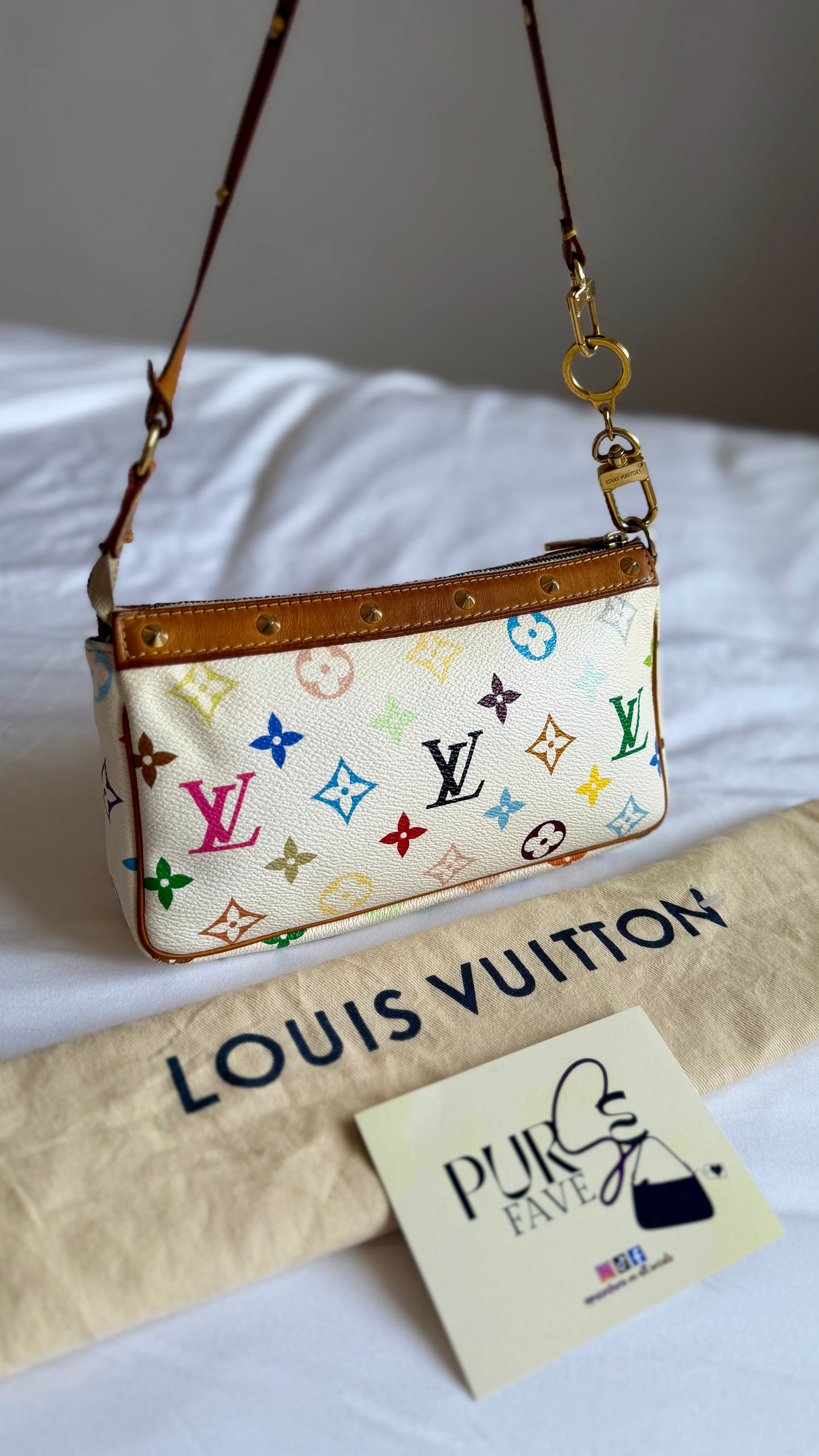 Authentic LOUIS VUITTON × TAKASHI MURAKAMI White Multicolor Pochette Shoulder Bag