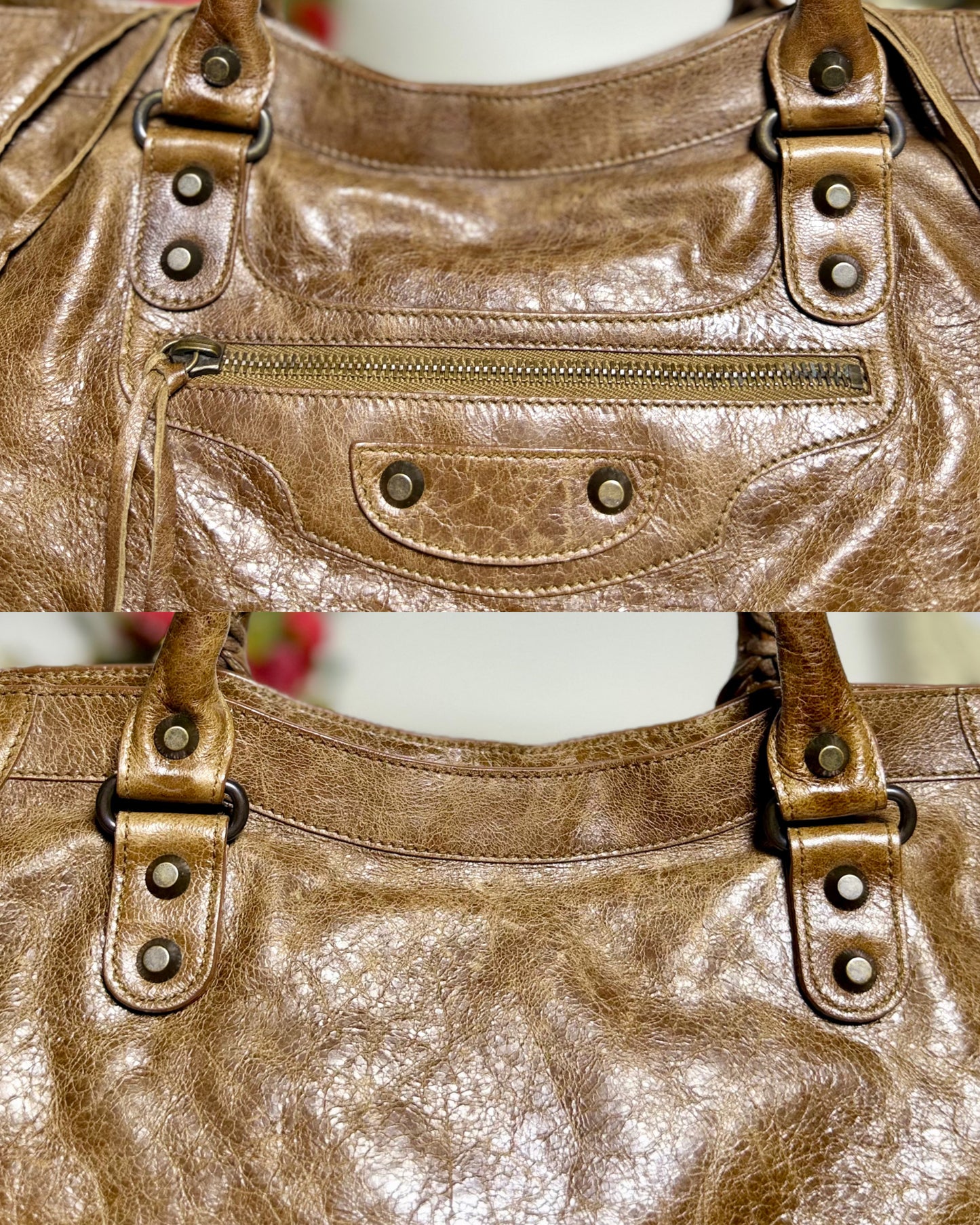 Authentic BALENCIAGA Motocross Classic City Glazed Brown Lambskin Leather Bag
