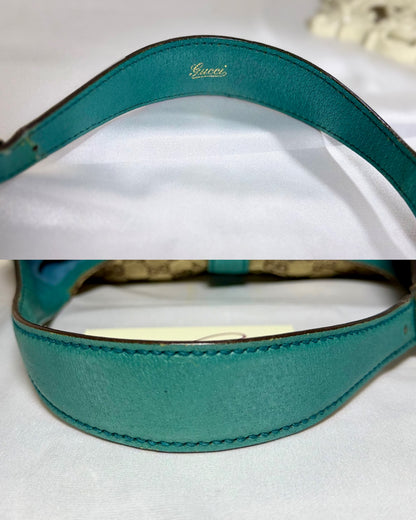 Authentic GUCCI Jackie 1961 Medium Beige GG Canvas x Teal Leather Trims Hobo Shoulder Bag