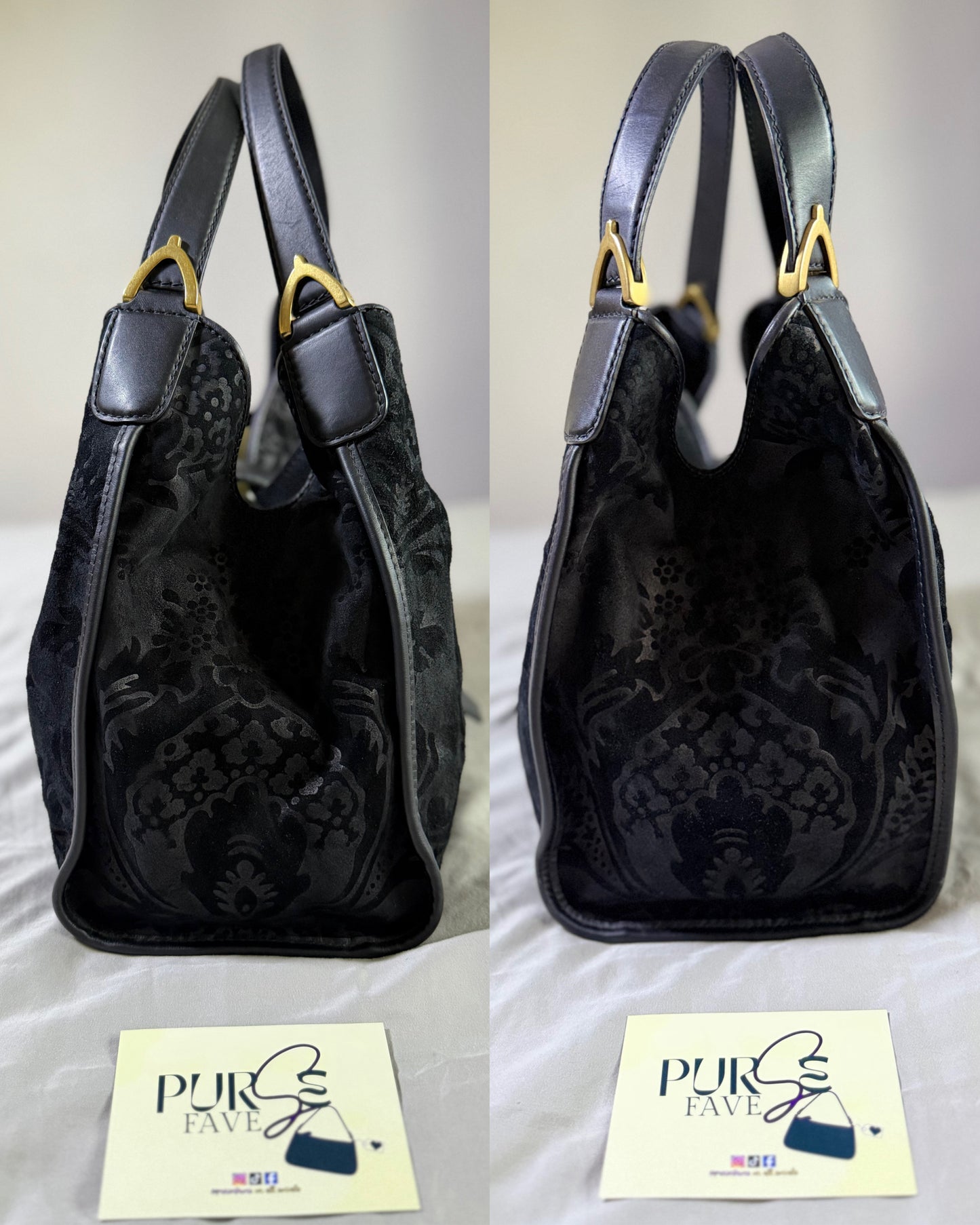 Authentic GUCCI Brocade Black Nubuck & Suede Soft Horsebit Stirrup Tote