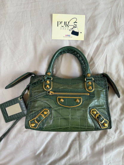 Authentic BALENCIAGA Green Croc-Embossed Leather Mini Classic Metallic Edge City Bag