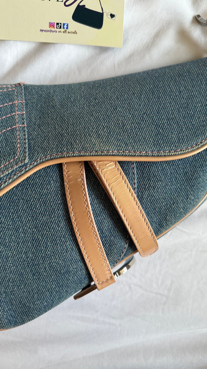 Authentic Vintage Christian Dior Light Blue Denim with Pocket Saddle Shoulder Bag