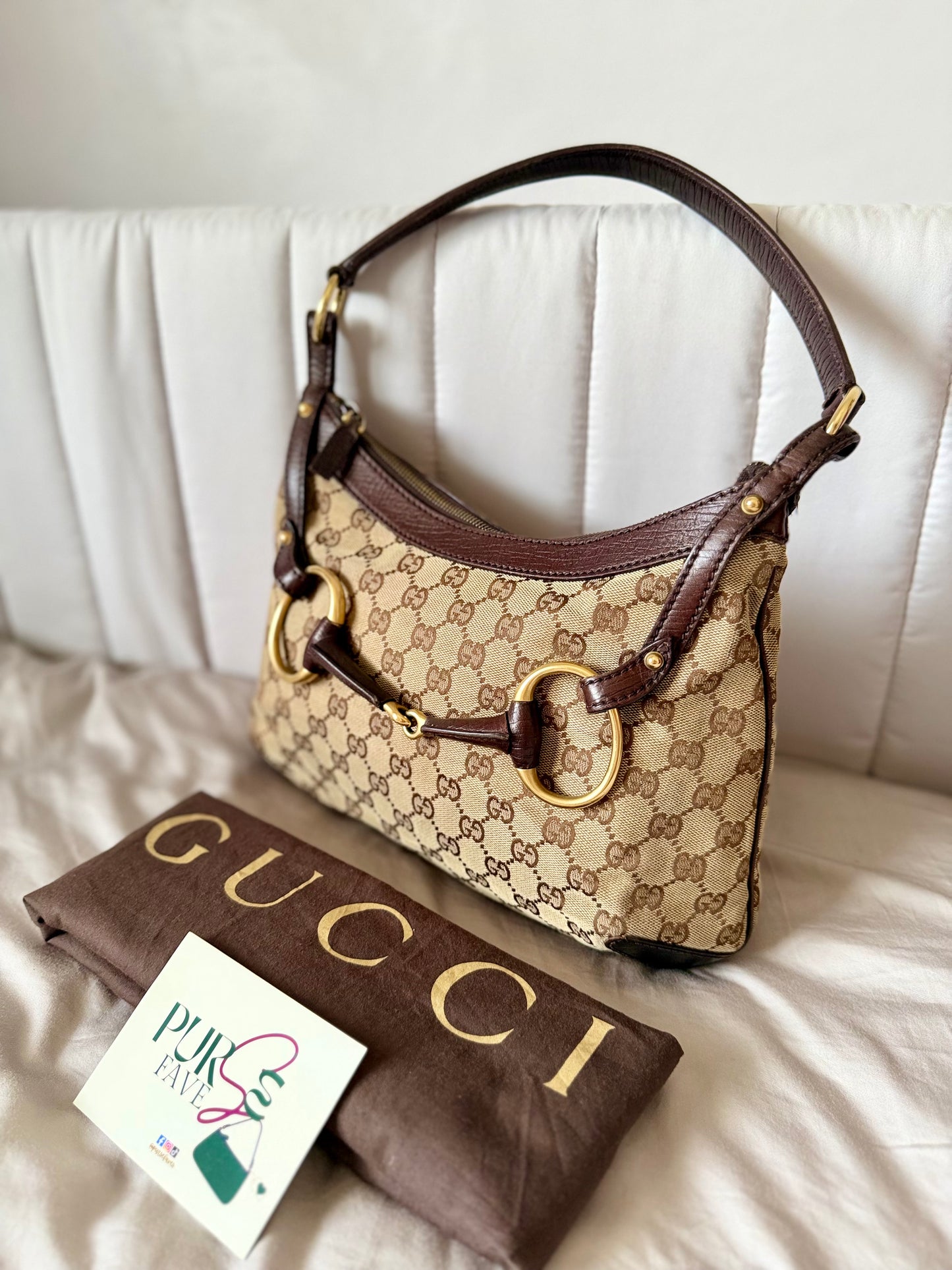 Authentic GUCCI Horsebit GG Canvas Brown Hobo Shoulder Bag
