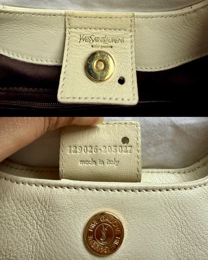Authentic YVES SAINT LAURENT Mombasa Double Horn Cream Leather Shoulder Bag