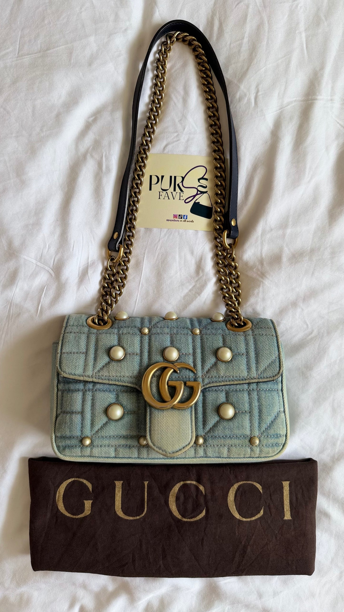 Authentic Gucci GG Marmont Matelassé Pearl Studded Blue Denim Shoulder Crossbody Bag