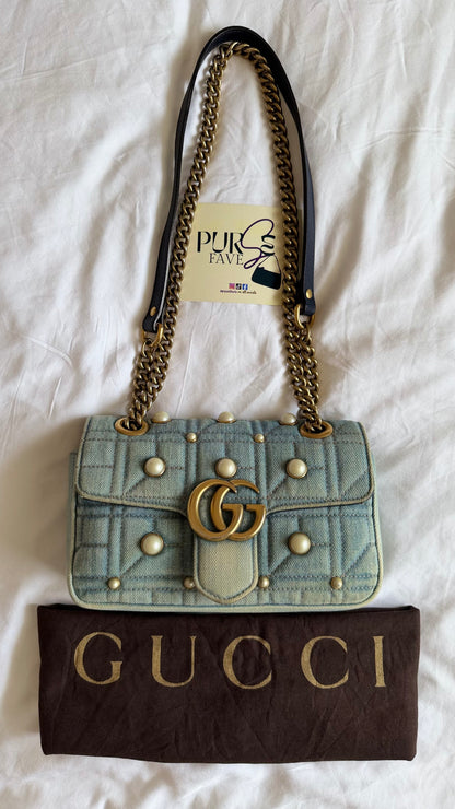 Authentic Gucci GG Marmont Matelassé Pearl Studded Blue Denim Shoulder Crossbody Bag