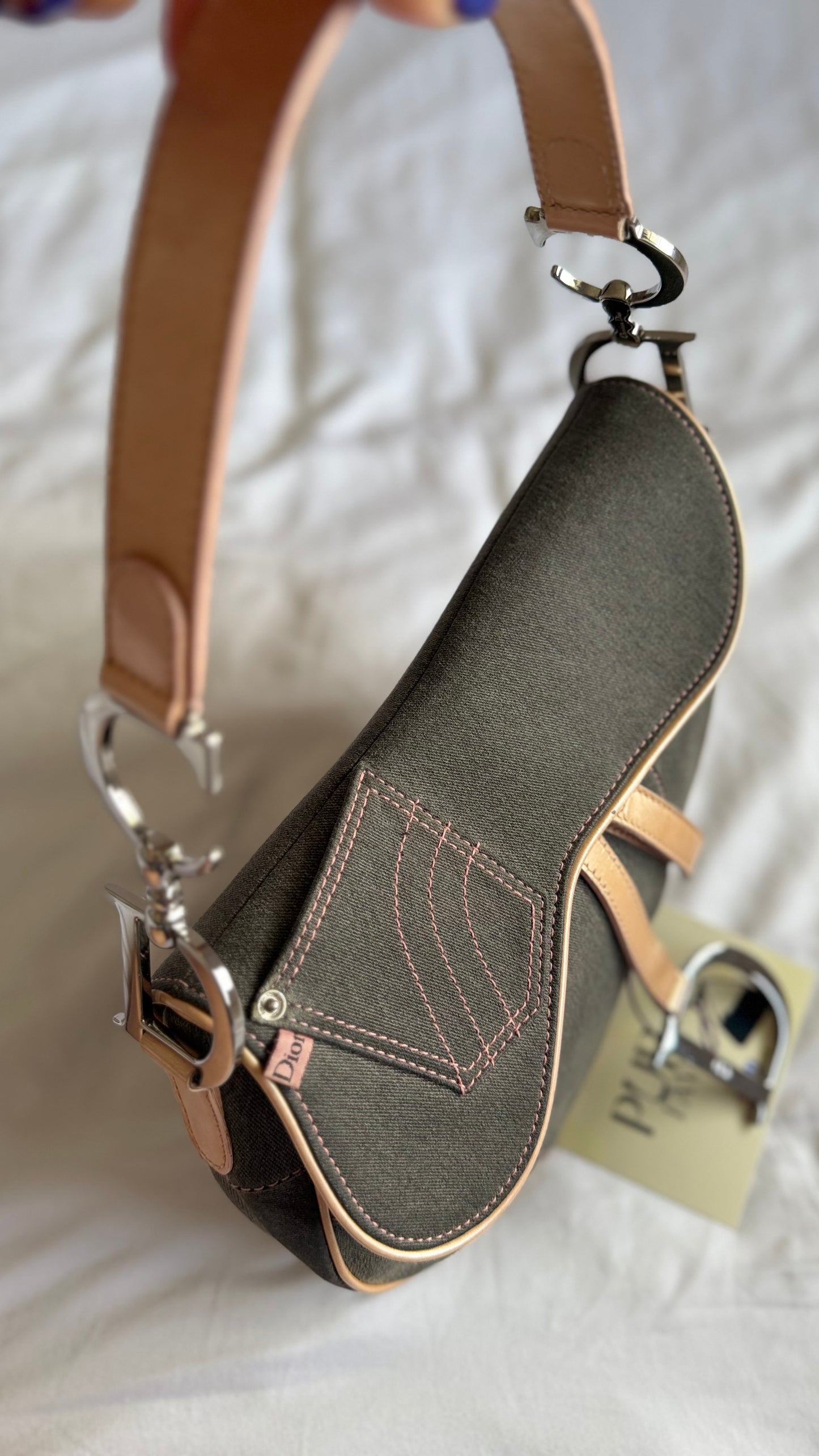 Authentic Vintage CHRISTIAN DIOR Dark Grey Denim with Pocket Saddle Shoulder Bag