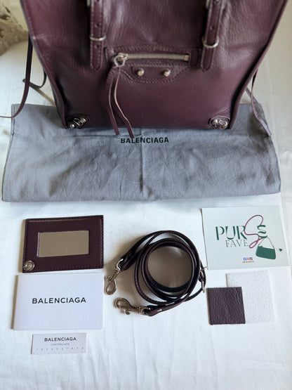 Authentic BALENCIAGA Burgundy Wine Calfskin Leather Mini Papier A4 Magnet Tote Bag