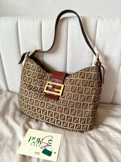 Authentic FENDI Beige / Brown Zucchino Canvas Hobo Trimmed Mamma Baguette Shoulder Bag