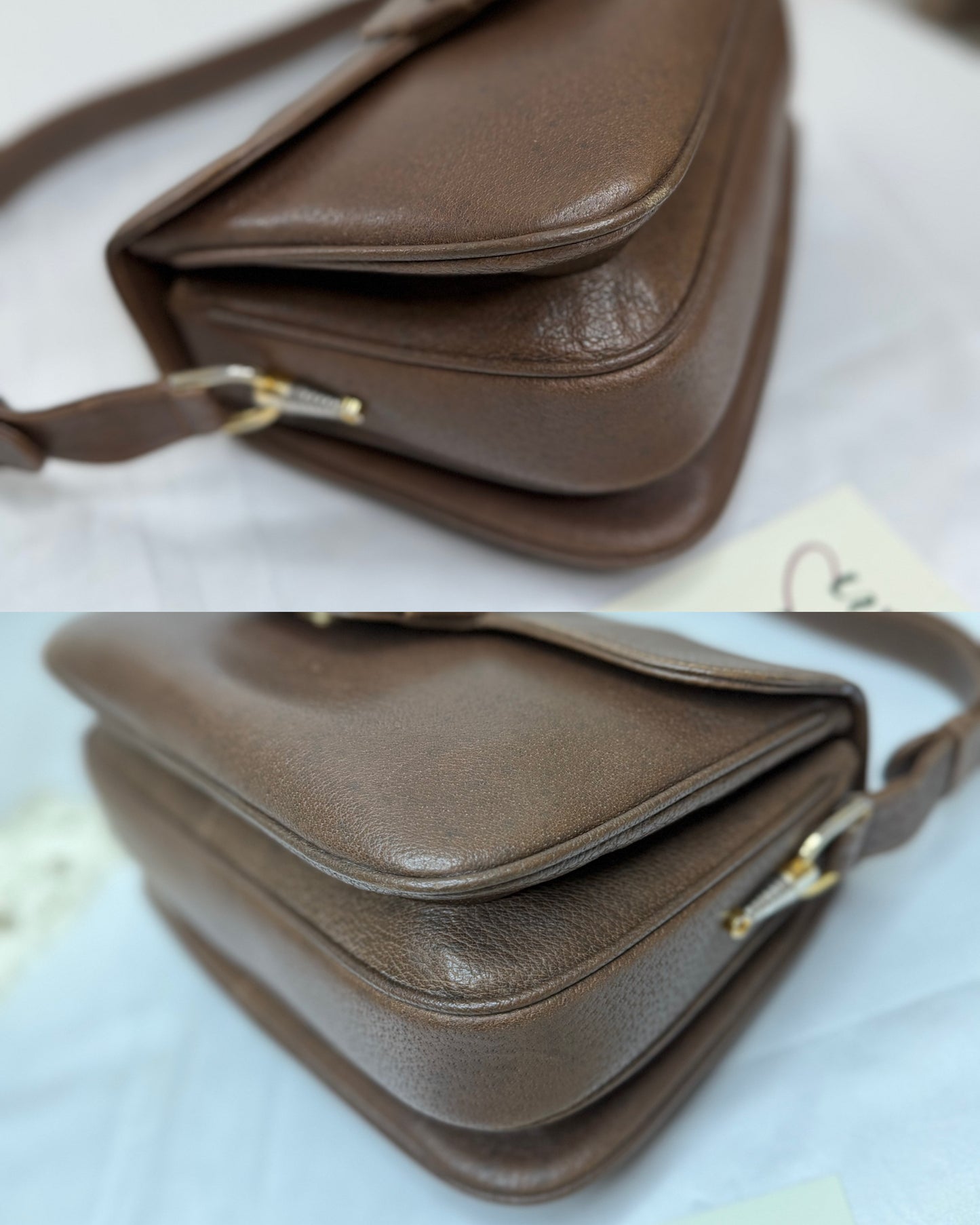 Authentic GUCCI 1955 Vintage Horsebit Shoulder & Crossbody Bag Brown Grained Leather | Mixed Gold & Silver Hardware
