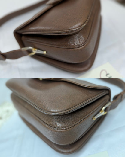 Authentic GUCCI 1955 Vintage Horsebit Shoulder & Crossbody Bag Brown Grained Leather | Mixed Gold & Silver Hardware