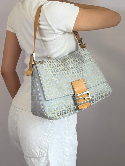 Authentic Vintage Fendi Light Blue Zucchino Canvas Mamma Baguette Shoulder Bag