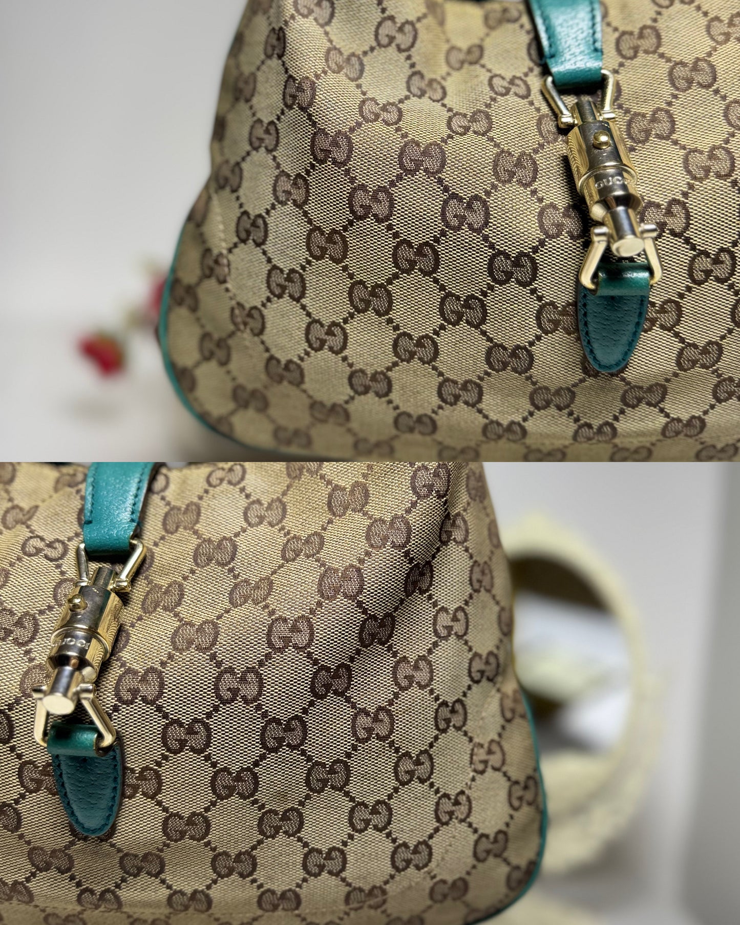 Authentic GUCCI Jackie 1961 Medium Beige GG Canvas x Teal Leather Trims Hobo Shoulder Bag
