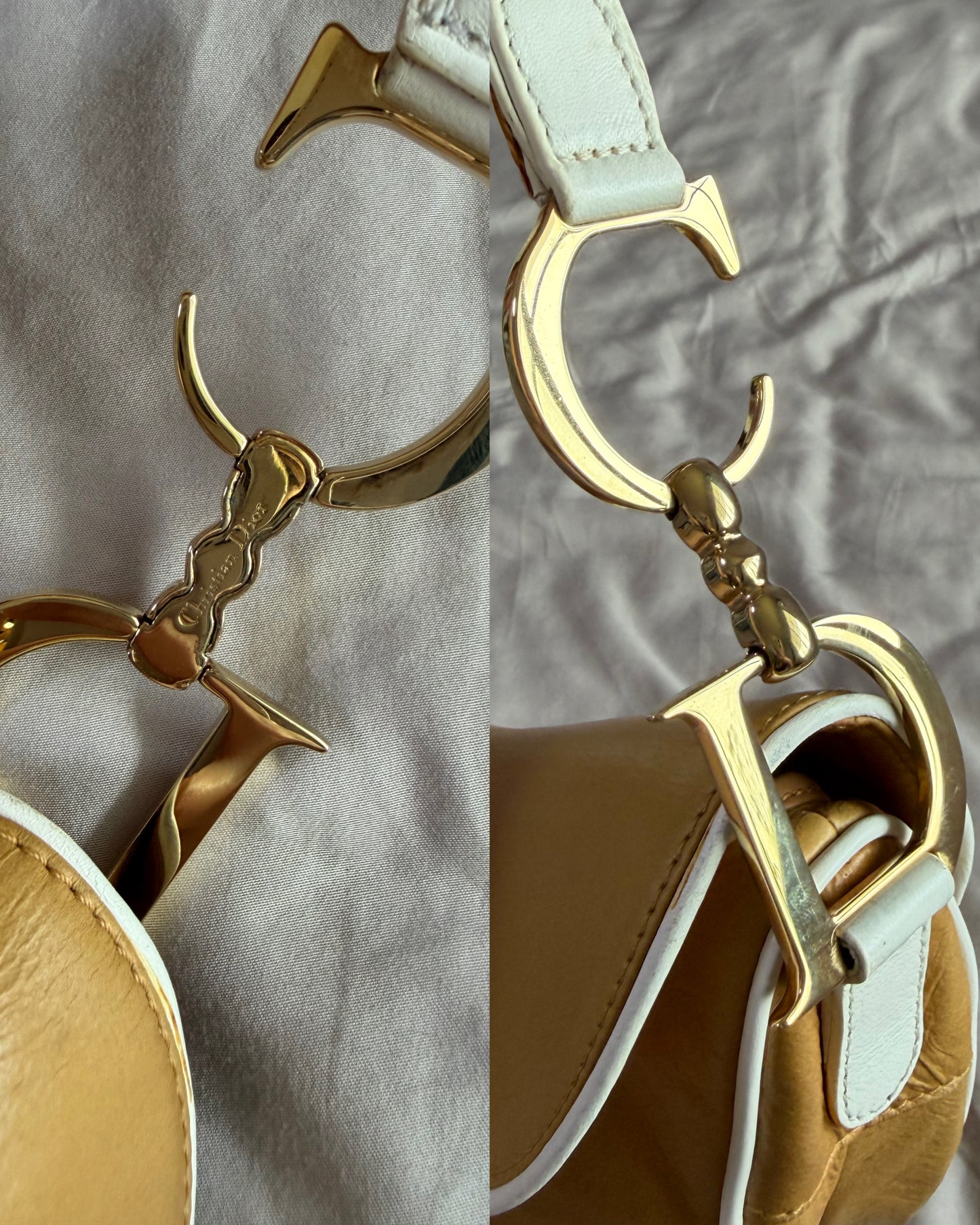 Authentic Vintage Christian Dior by John Galliano Tan Calfskin x White Leather Saddle Bag