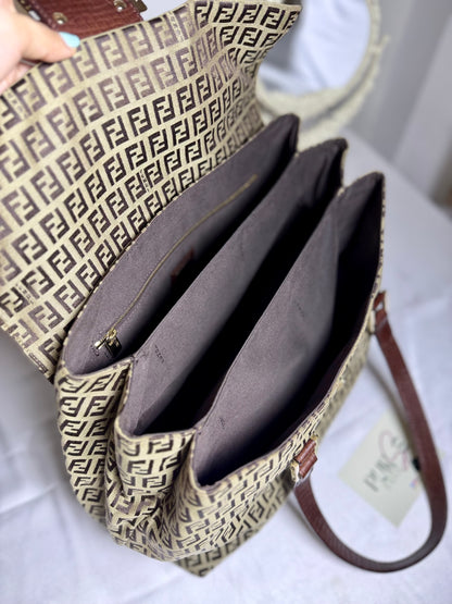 Authentic FENDI Beige / Brown Zucchino Canvas Accordion Large Shopper Tote Bag