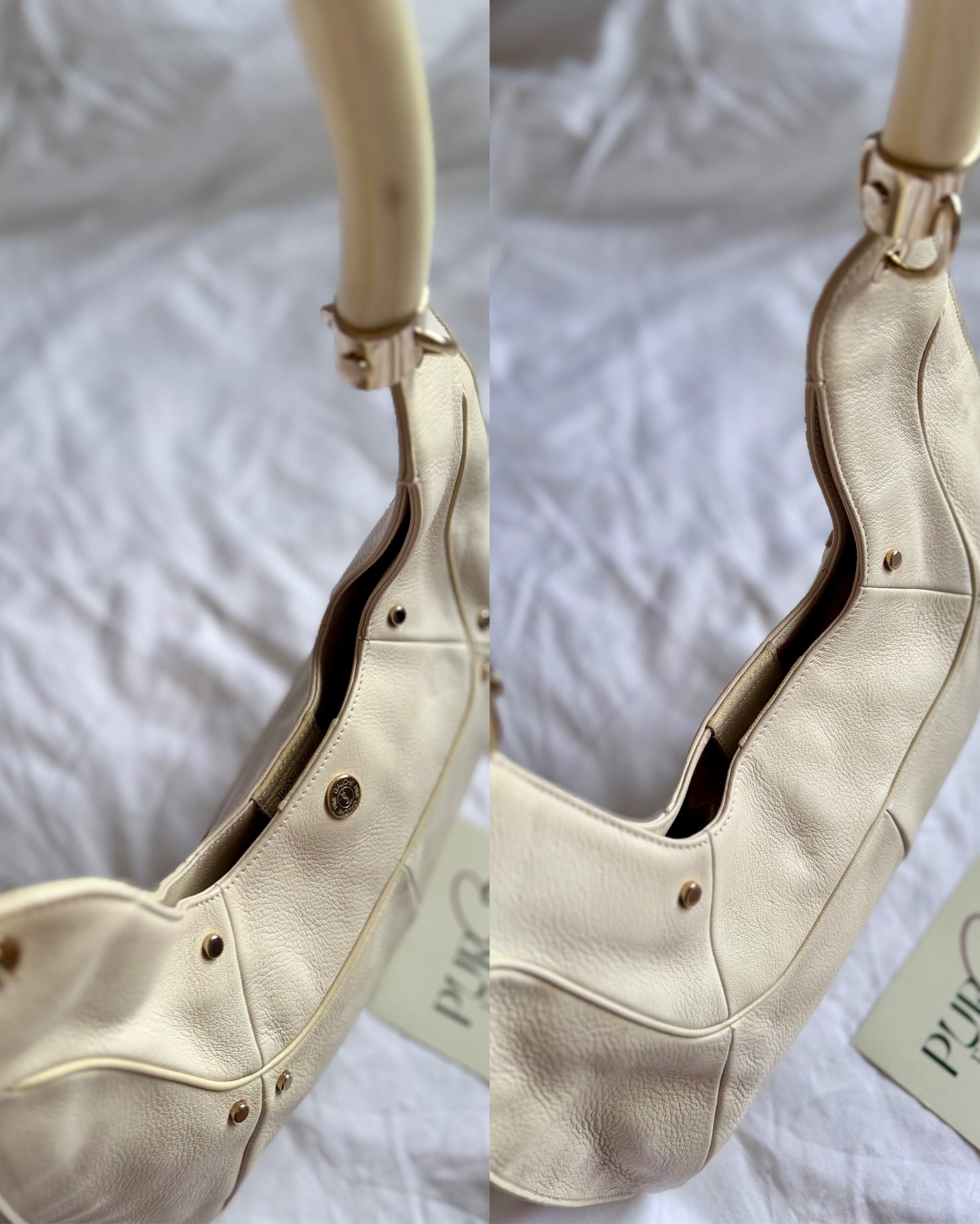 Authentic YVES SAINT LAURENT Mombasa Double Horn Cream Leather Shoulder Bag