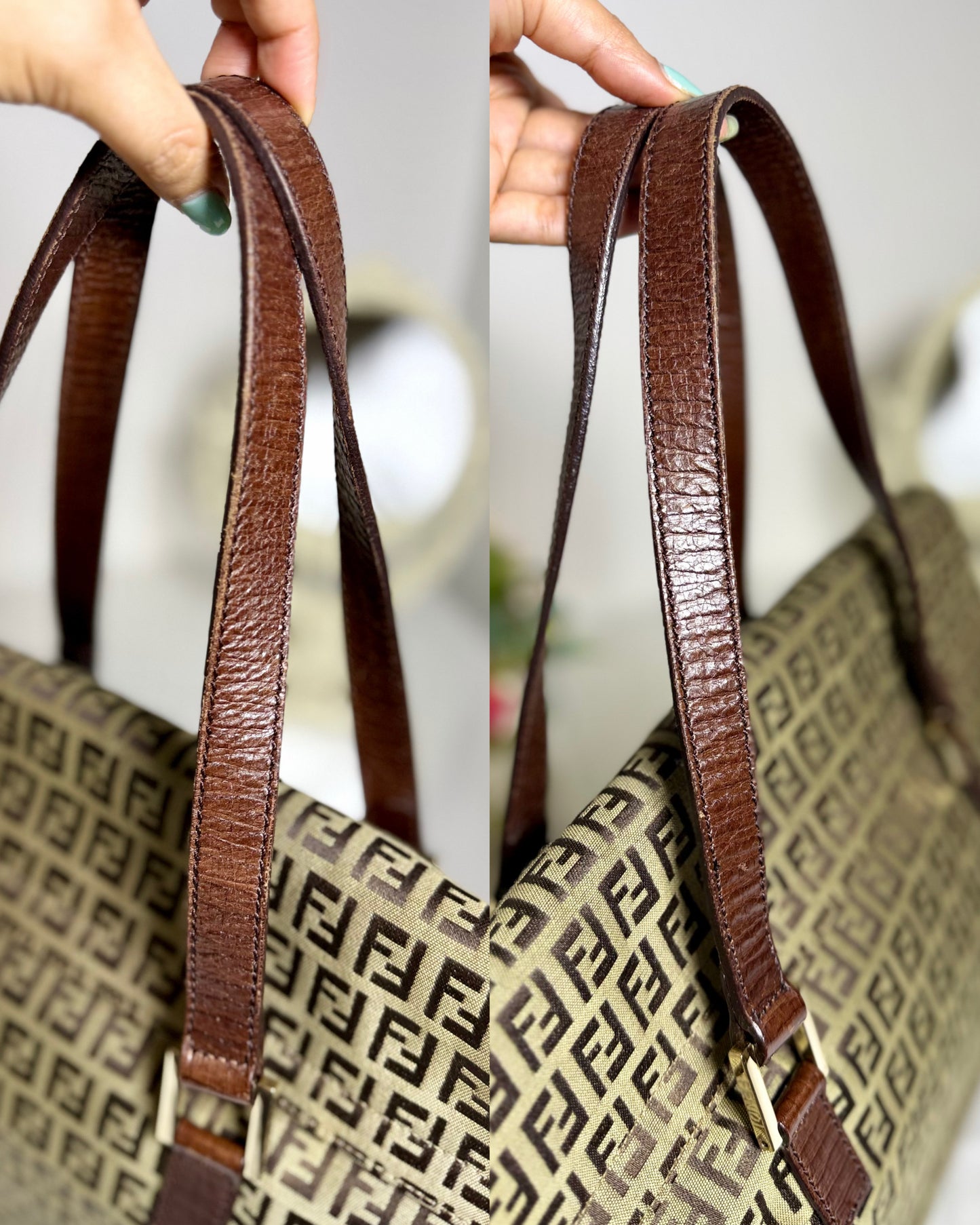 Authentic FENDI Beige / Brown Zucchino Canvas Accordion Large Shopper Tote Bag