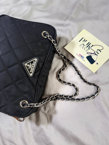 Authentic PRADA Nylon Tessuto Impuntu Quilted Black Bandoliera Mini Top Handle Bag