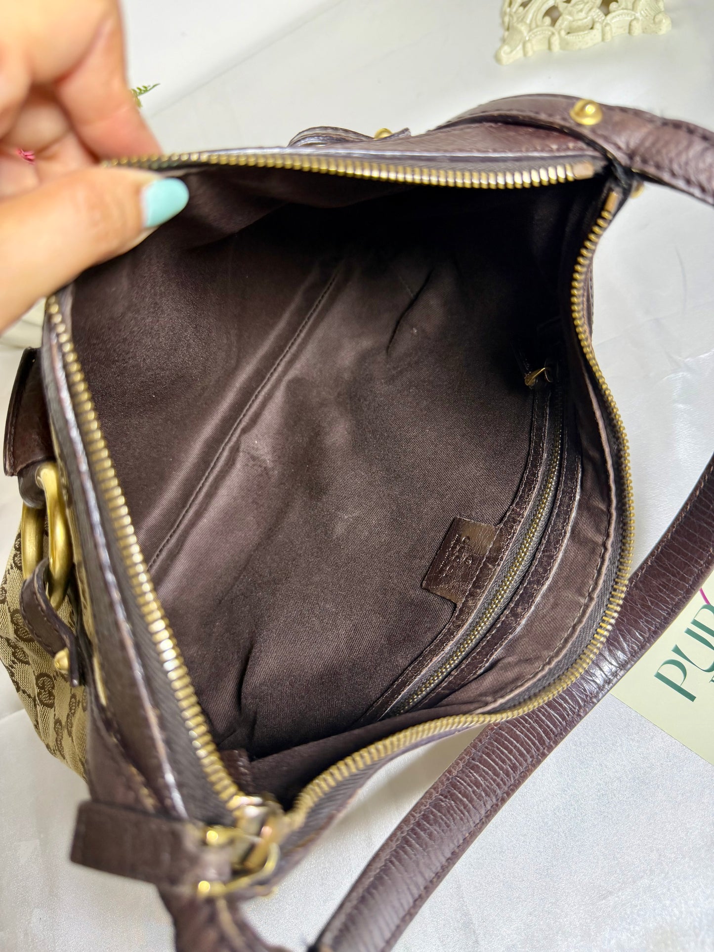 Authentic GUCCI Horsebit GG Canvas Brown Hobo Shoulder Bag
