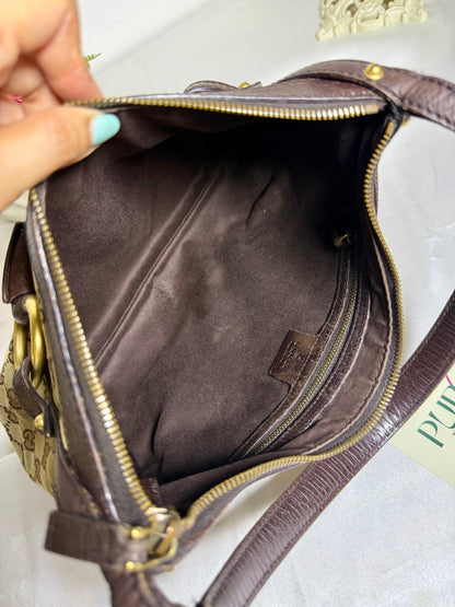 Authentic GUCCI Horsebit GG Canvas Brown Hobo Shoulder Bag