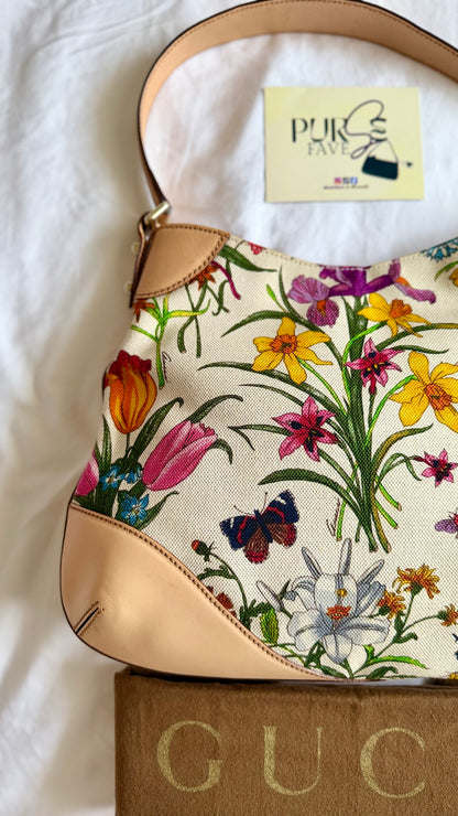 Authentic Vintage GUCCI Hasler Horsebit Flora Canvas Hobo Shoulder Bag