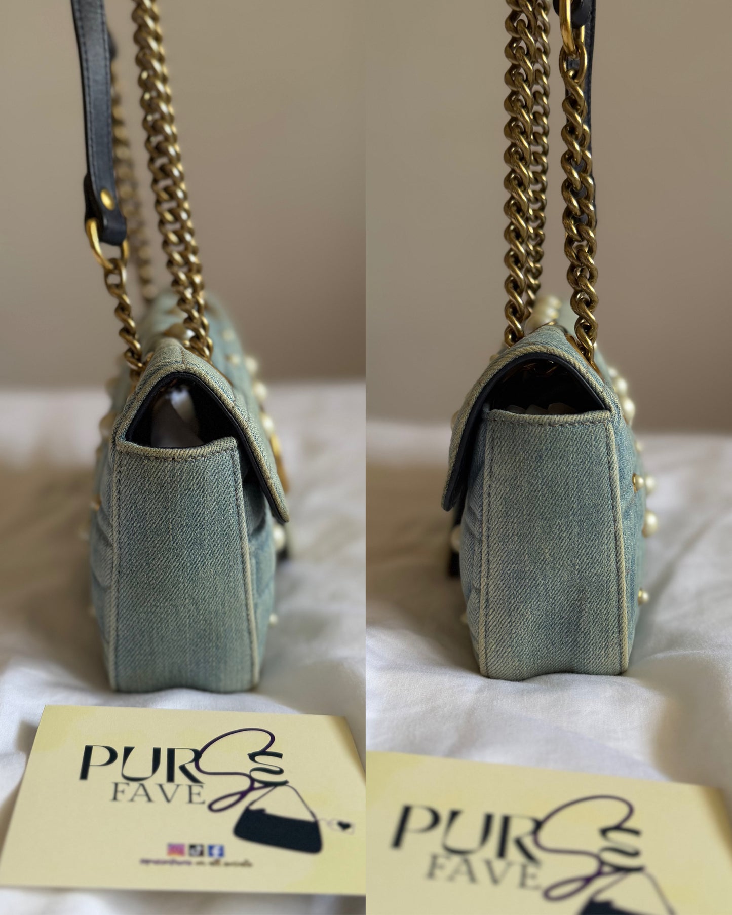Authentic Gucci GG Marmont Matelassé Pearl Studded Blue Denim Shoulder Crossbody Bag