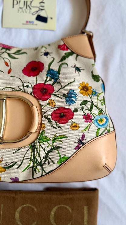 Authentic Vintage GUCCI Hasler Horsebit Flora Canvas Hobo Shoulder Bag