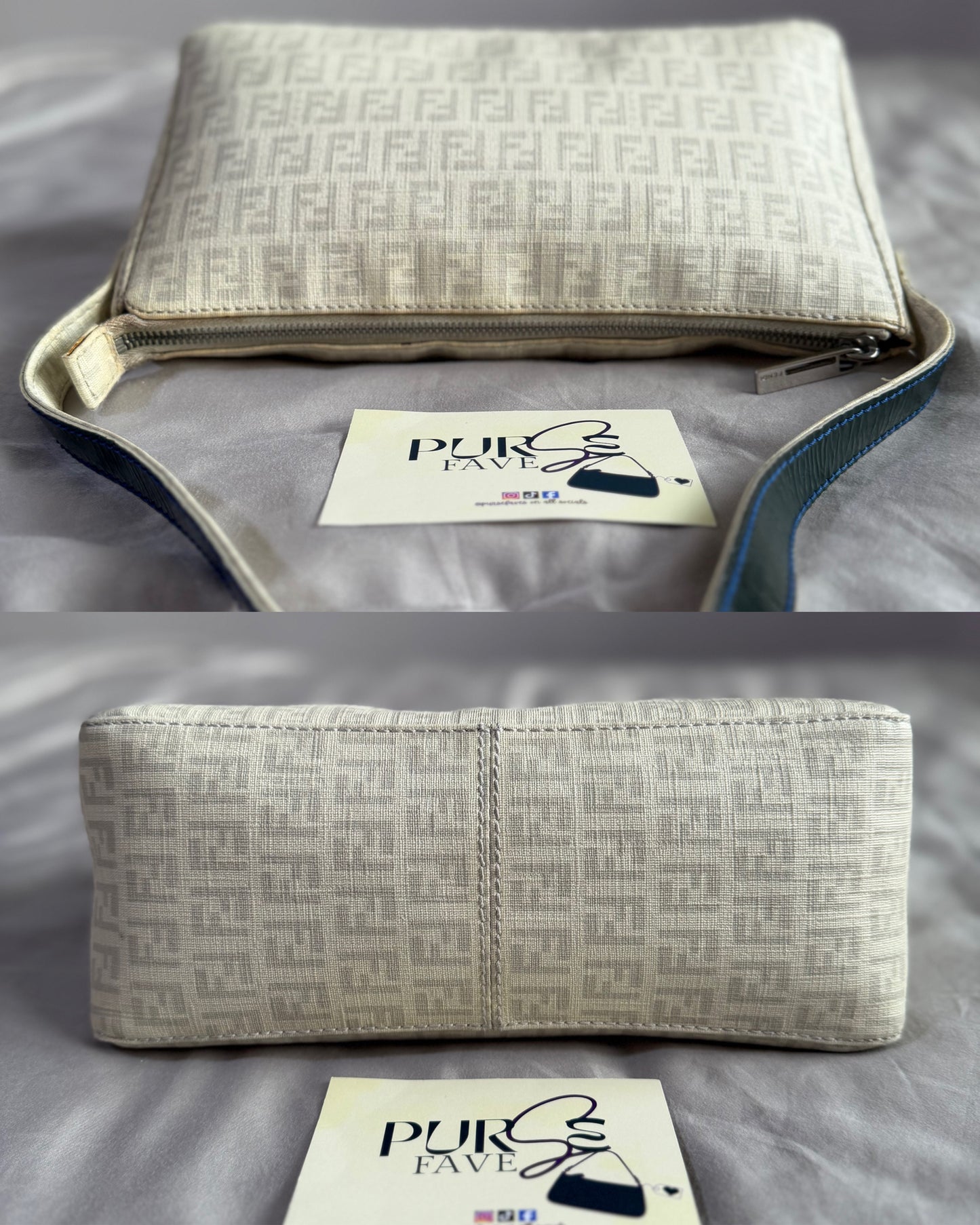 Authentic Vintage Fendi White Zucchino Coated Canvas East-West Shoulder Bag