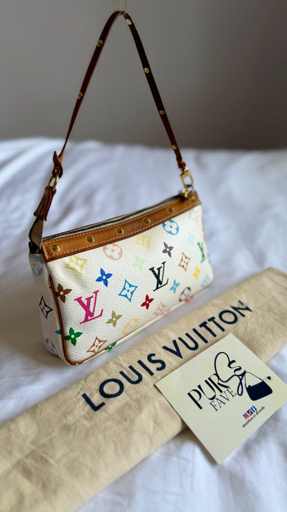 Authentic LOUIS VUITTON × TAKASHI MURAKAMI White Multicolor Pochette Shoulder Bag