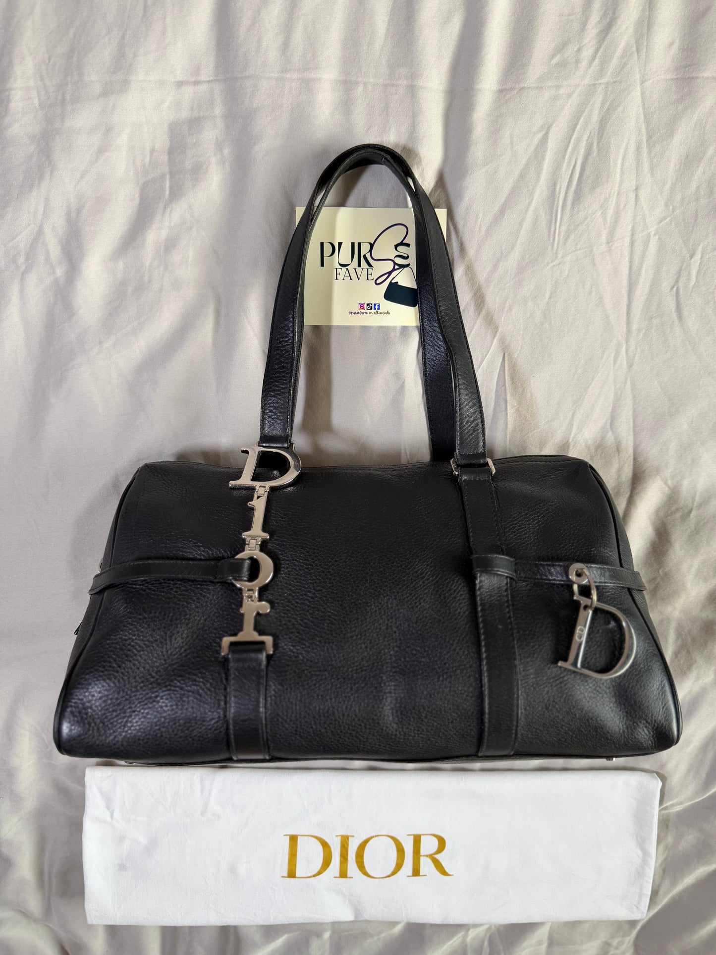 Authentic CHRISTIAN DIOR Spellout D-Charm Black Leather Bowler Boston Shoulder Bag