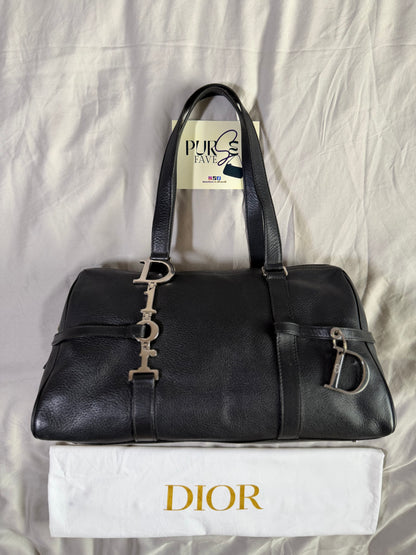 Authentic CHRISTIAN DIOR Spellout D-Charm Black Leather Bowler Boston Shoulder Bag