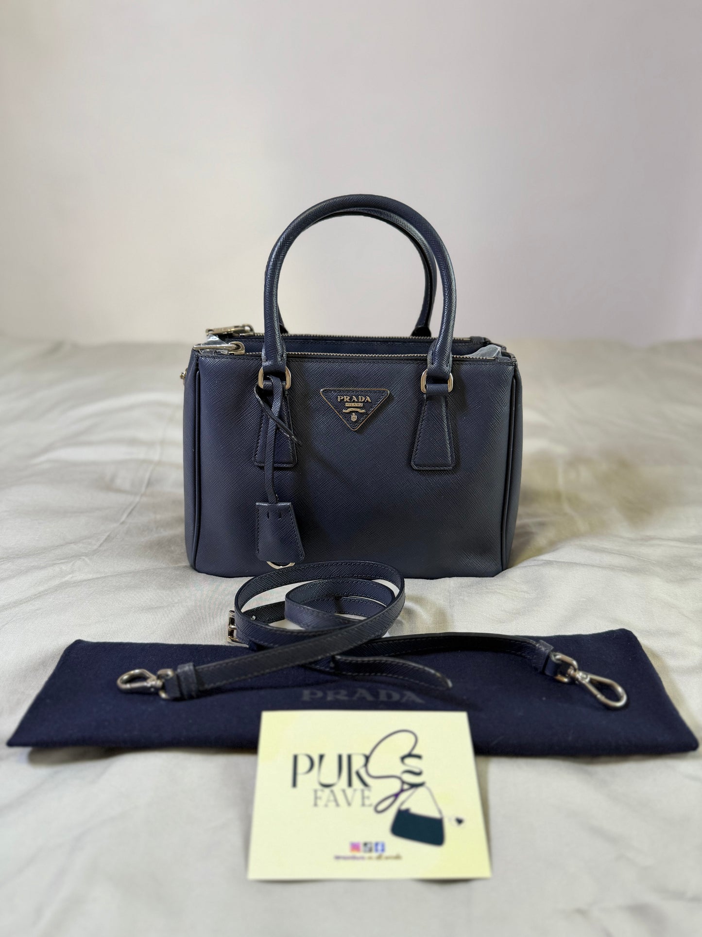 Authentic PRADA Saffiano Lux Galleria Navy Blue Mini Double Zip Tote Crossbody