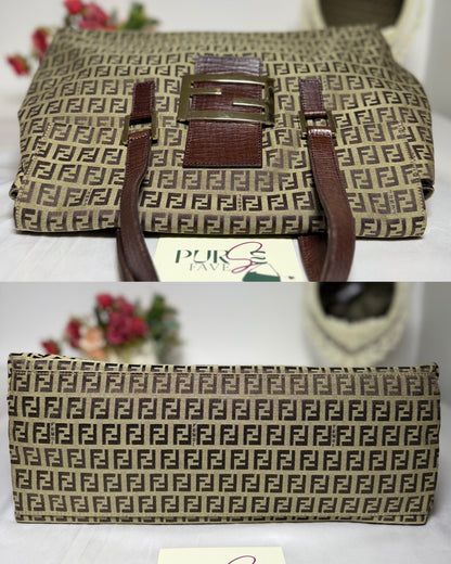 Authentic FENDI Beige / Brown Zucchino Canvas Accordion Large Shopper Tote Bag