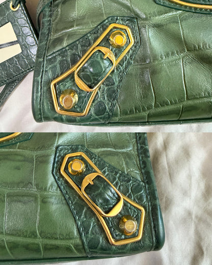 Authentic BALENCIAGA Green Croc-Embossed Leather Mini Classic Metallic Edge City Bag