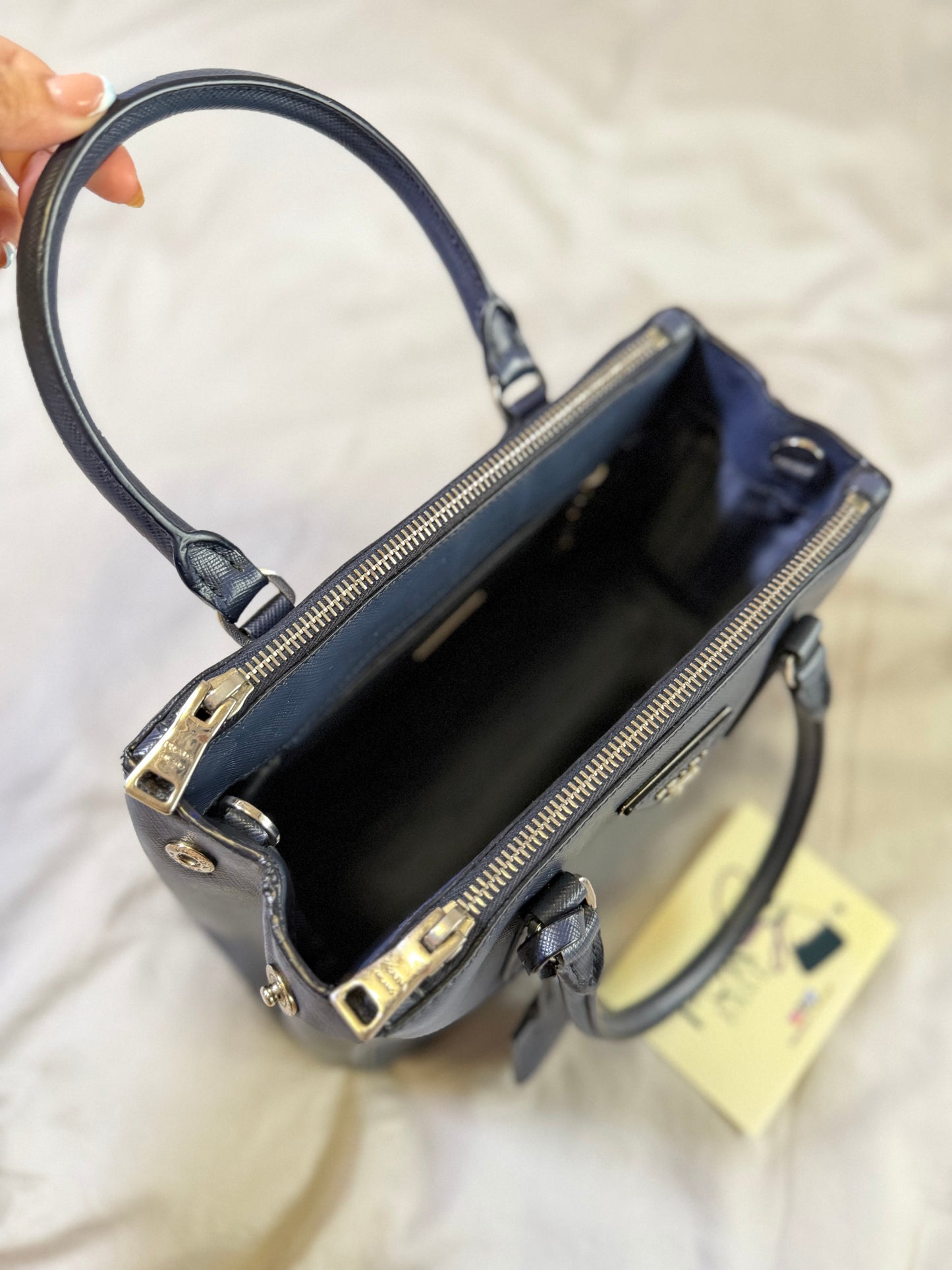 Authentic PRADA Saffiano Lux Galleria Navy Blue Mini Double Zip Tote Crossbody