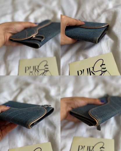 Authentic Vintage CHRISTIAN DIOR Blue Denim Saddle Trifold Wallet