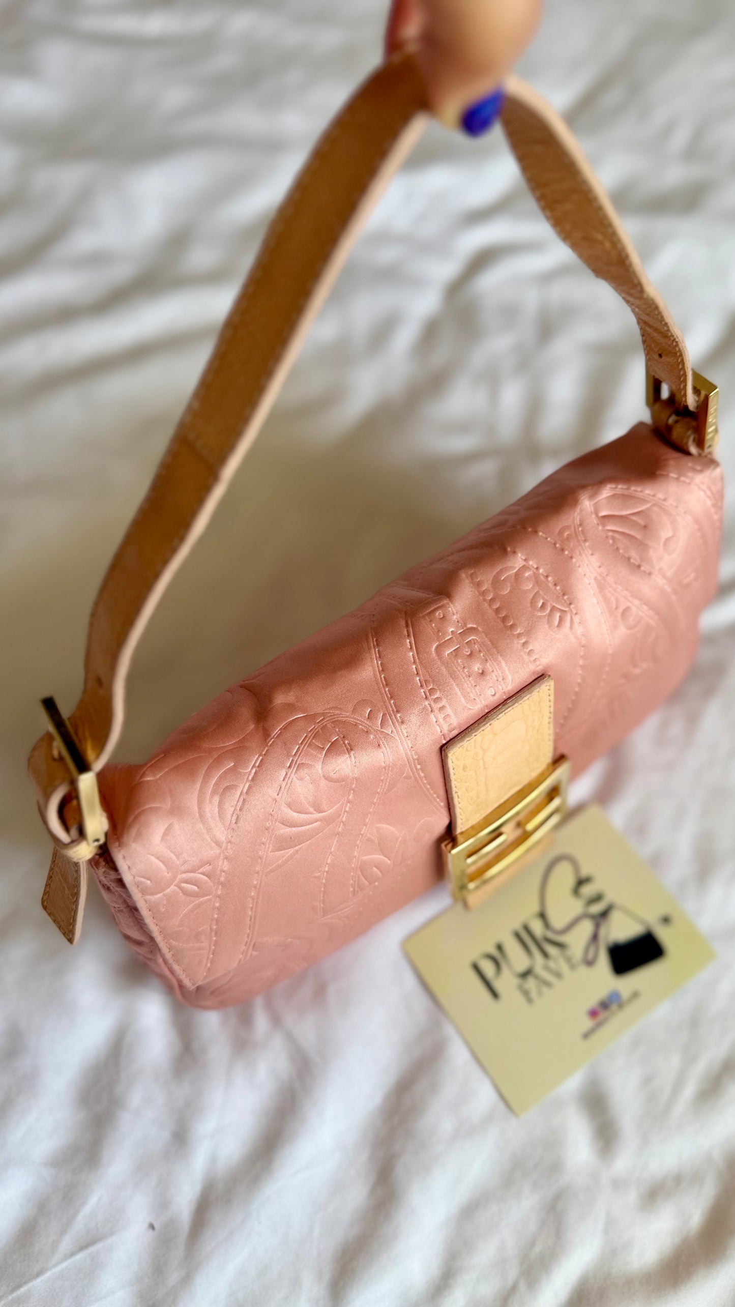 Authentic Vintage Fendi Baguette Pink Silk 3D Embossed Floral Swirl Pattern