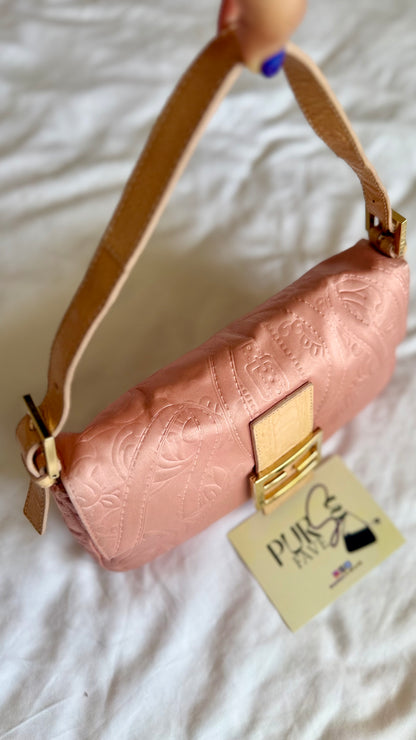 Authentic Vintage Fendi Baguette Pink Silk 3D Embossed Floral Swirl Pattern
