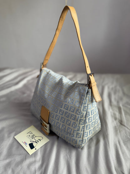 Authentic Vintage Fendi Light Blue Zucchino Canvas Mamma Baguette Shoulder Bag